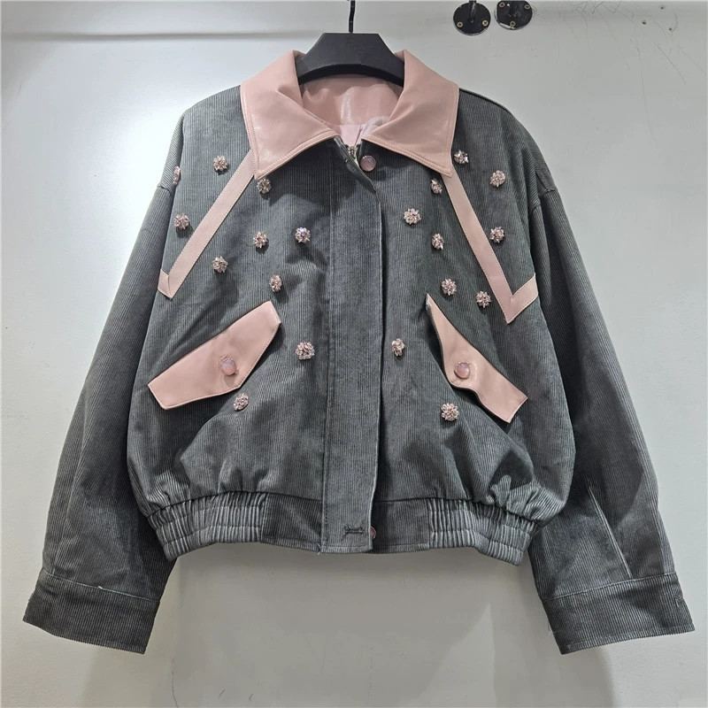 헤비 워크 비즈 꽃 장식 코듀로이 재킷 그레이 그린 커 - Leatherwork Flowers 리뷰 및 가격